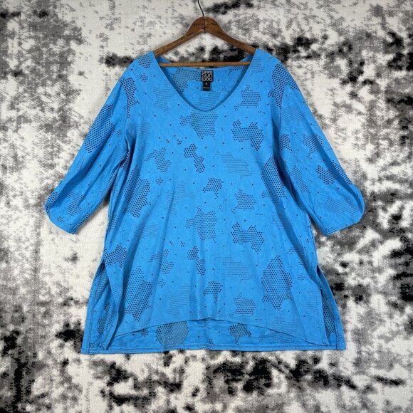 Clara Sun Woo Blouse Womens Size Extra Large Blue Holes Scoop Neck Stretch‎ - Picture 1 of 13